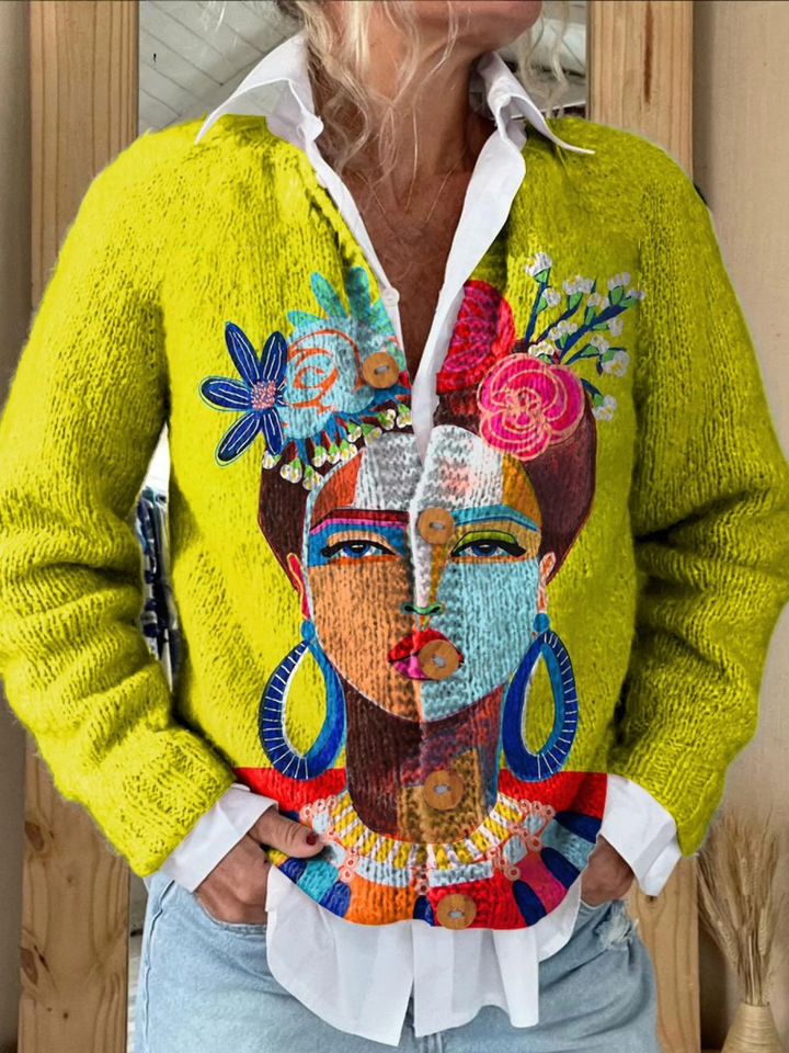 Sorcha | Wool cardigan with Frida portrait print