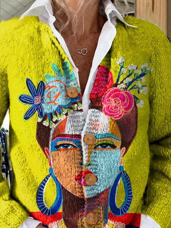 Sorcha | Wool cardigan with Frida portrait print