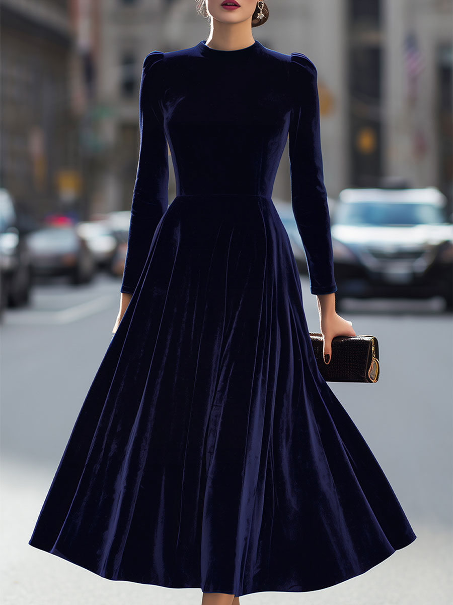 Julie | Navy Blue Midi Dress with Long Sleeves