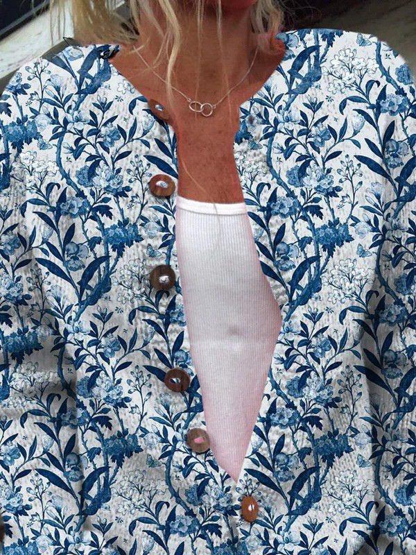 Blandine | Elegant Cardigan with Blue and White Floral Print