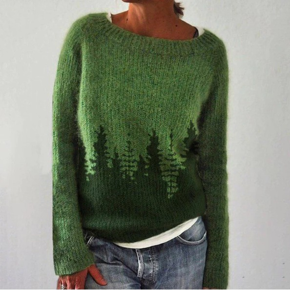 Liesa | Green Retro Sweater with Pine Tree Pattern