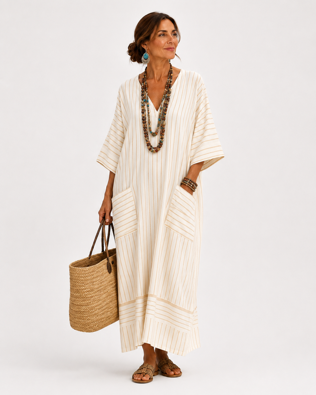 Farah Beige Striped Caftan
