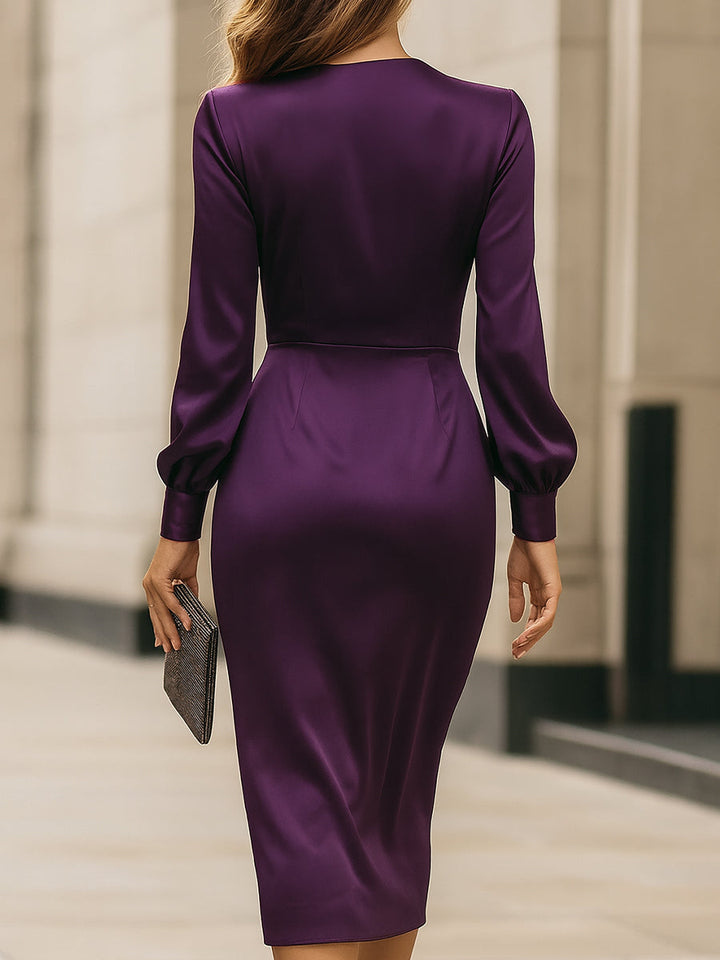 Clara | Deep Plum Satin Draped Midi Dress