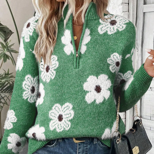 Violet | Floral Cable-Knit Zip Collar Jumper