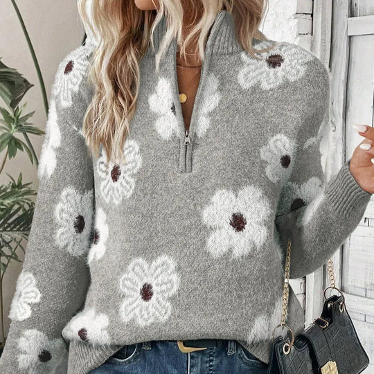 Violet | Floral Cable-Knit Zip Collar Jumper