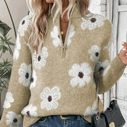 Violet | Floral Cable-Knit Zip Collar Jumper
