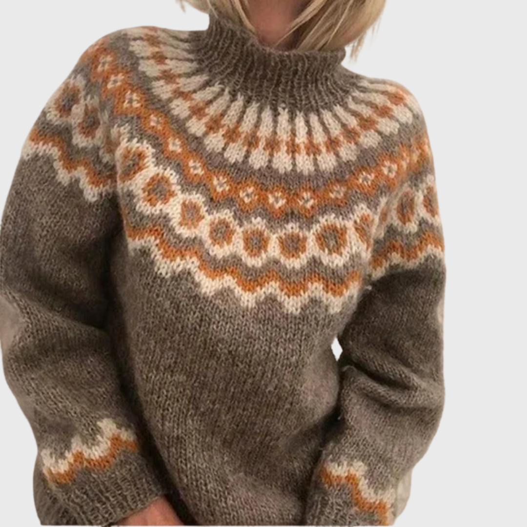 Sonja | Blue Jumper with Stand-Up Collar and Norwegian Pattern