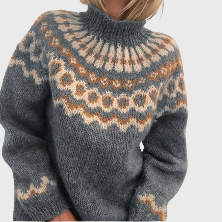 Sonja | Blue Jumper with High Neck and Norwegian Pattern