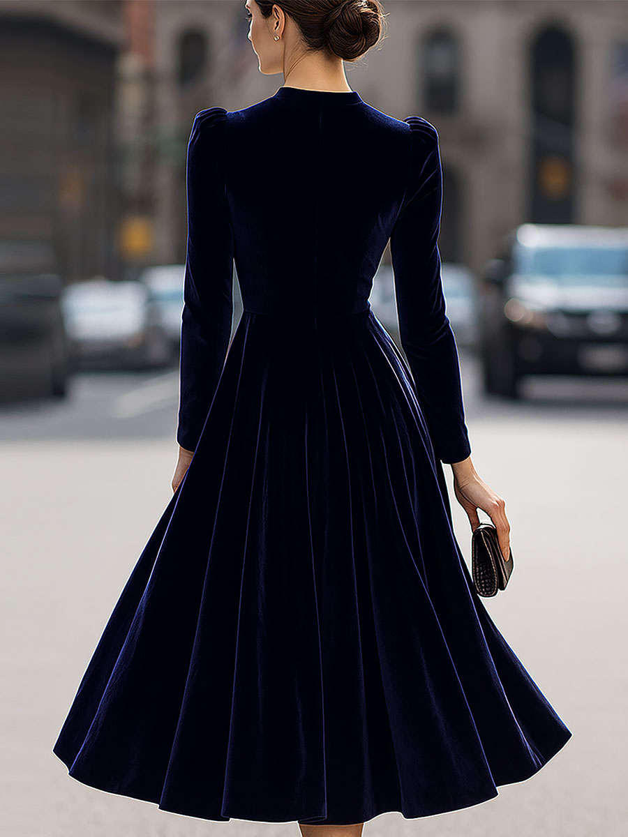 Julie | Navy Blue Midi Dress with Long Sleeves
