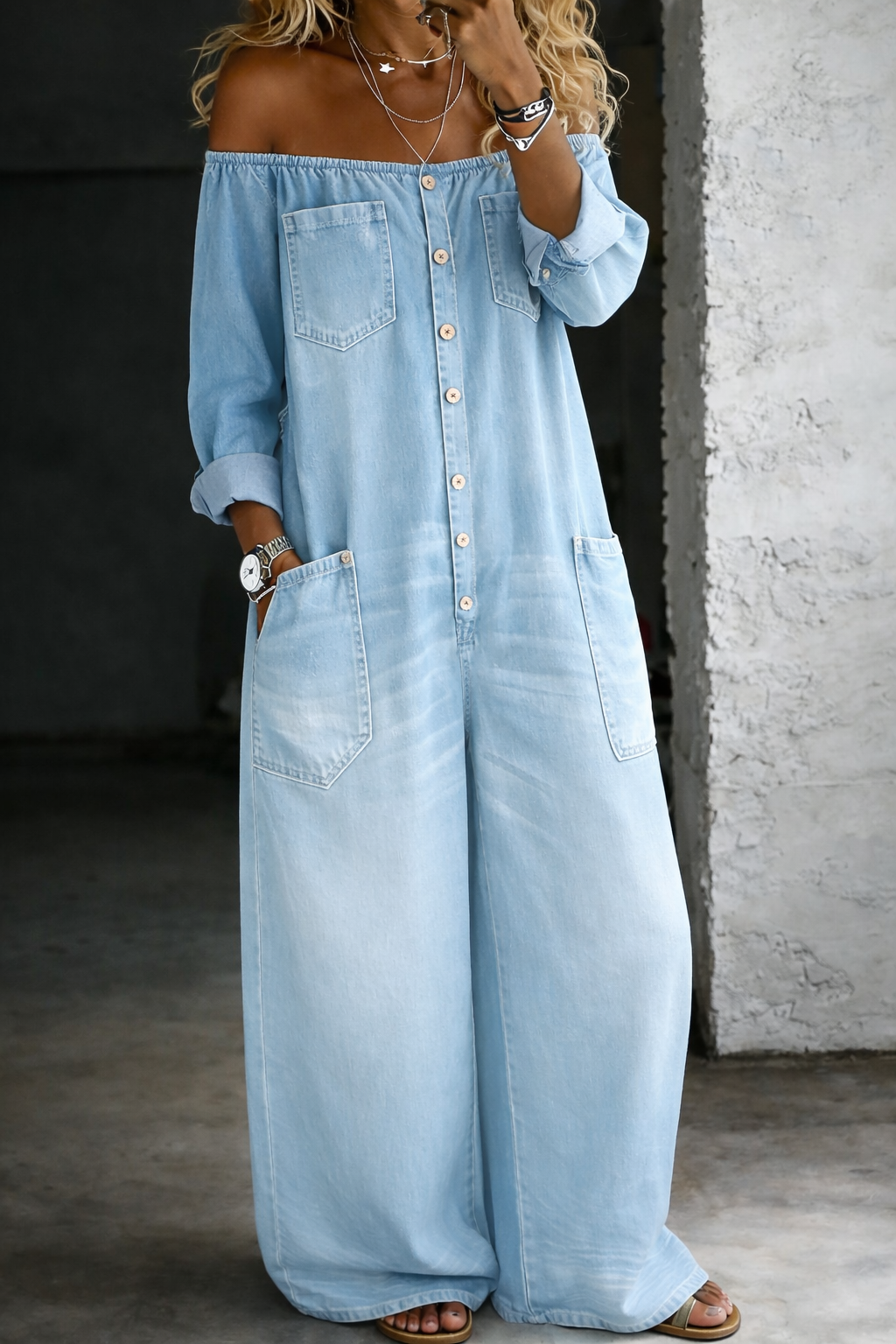 Sidonie | Denim Jumpsuit with Off-the-Shoulder Design