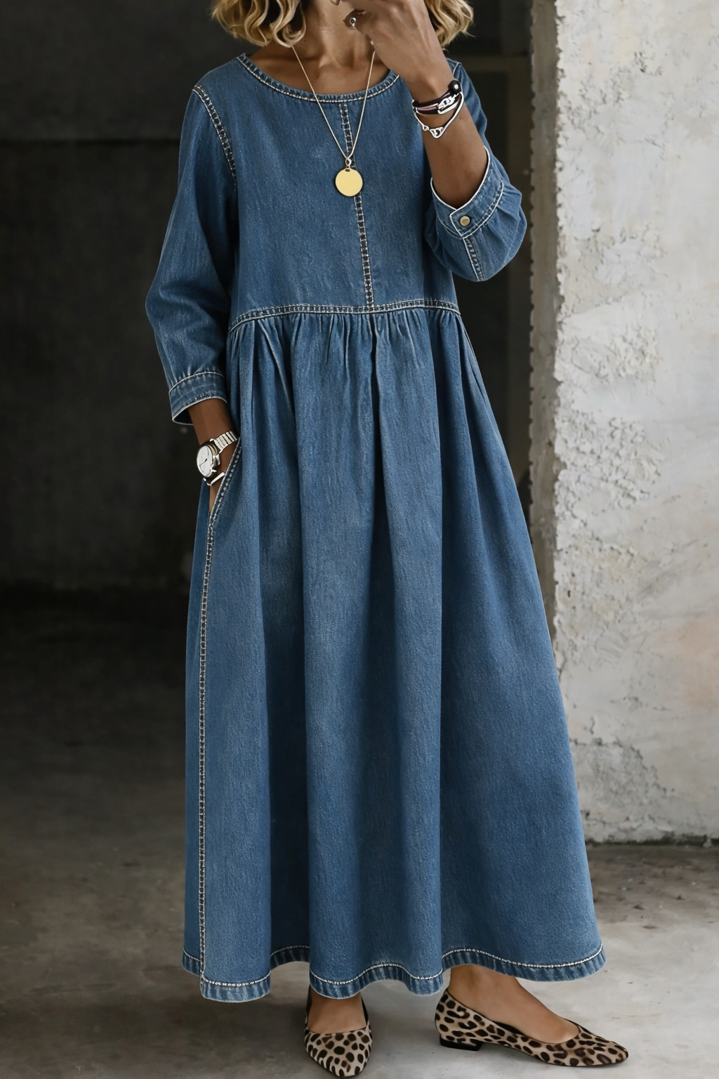 Elise | Long Denim Dress with Round Neck and Long Sleeves