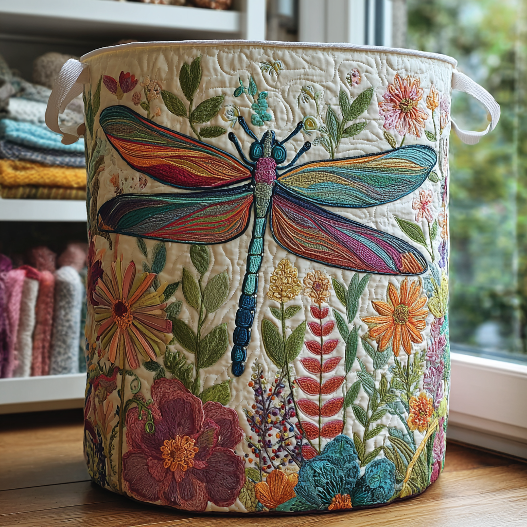 Padded basket with dragonflies in the garden