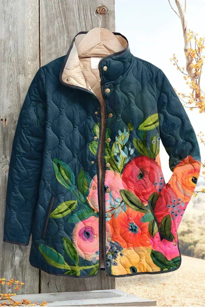 Florie – Quilted Jacket with Floral Print and Plush Collar