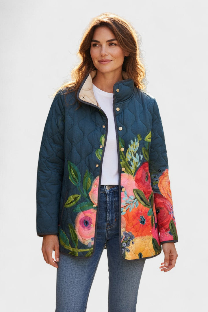 Florie – Quilted Jacket with Floral Print and Plush Collar