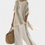 Ilona™ | Smėlio lininis rinkinys su dryžuotomis kelnėmis