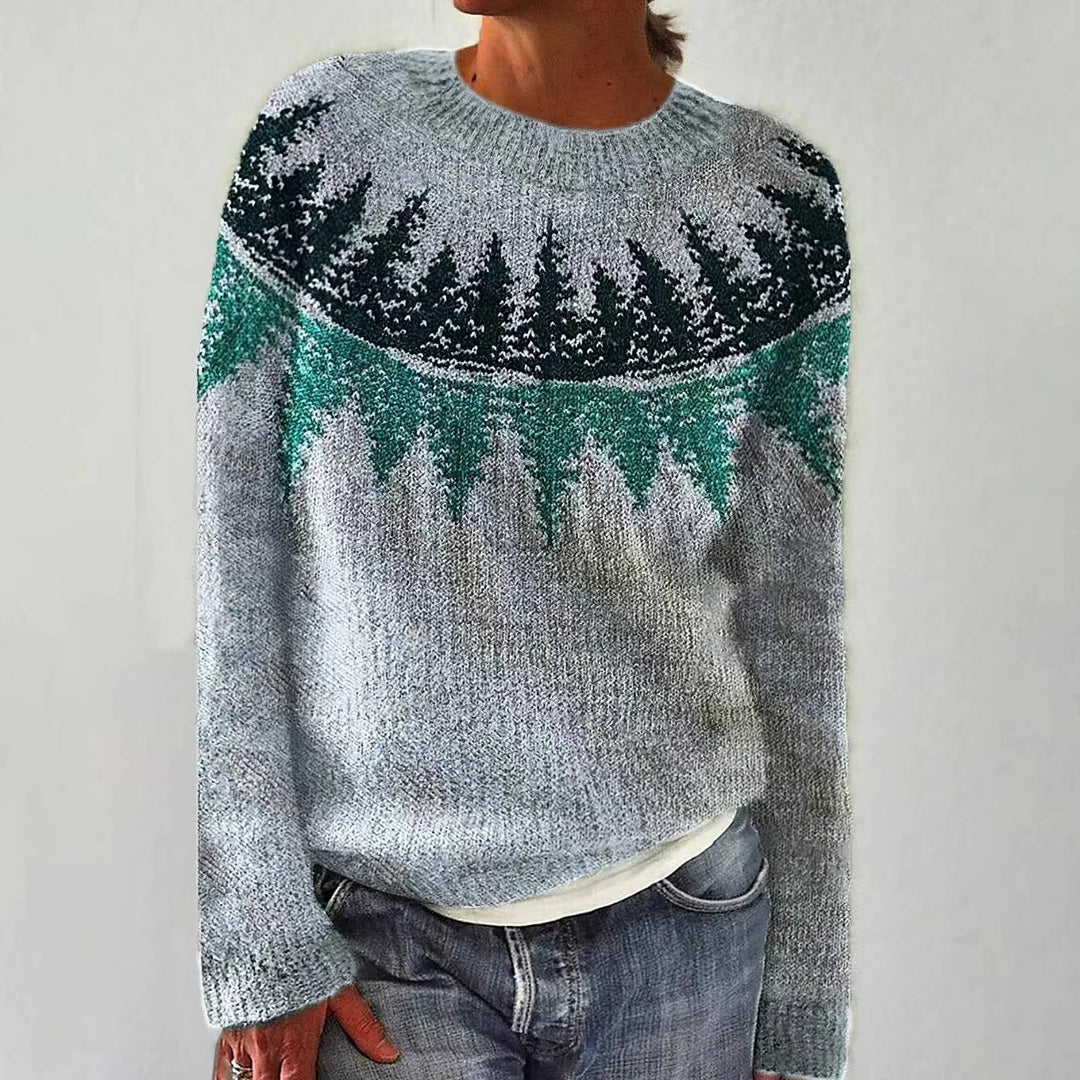 Svetlana | Blue Retro Jumper with Pine Tree Pattern