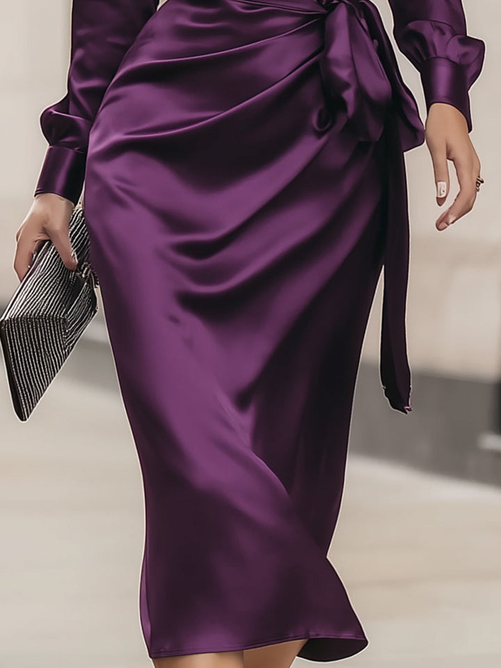 Clara | Deep Plum Satin Draped Midi Dress