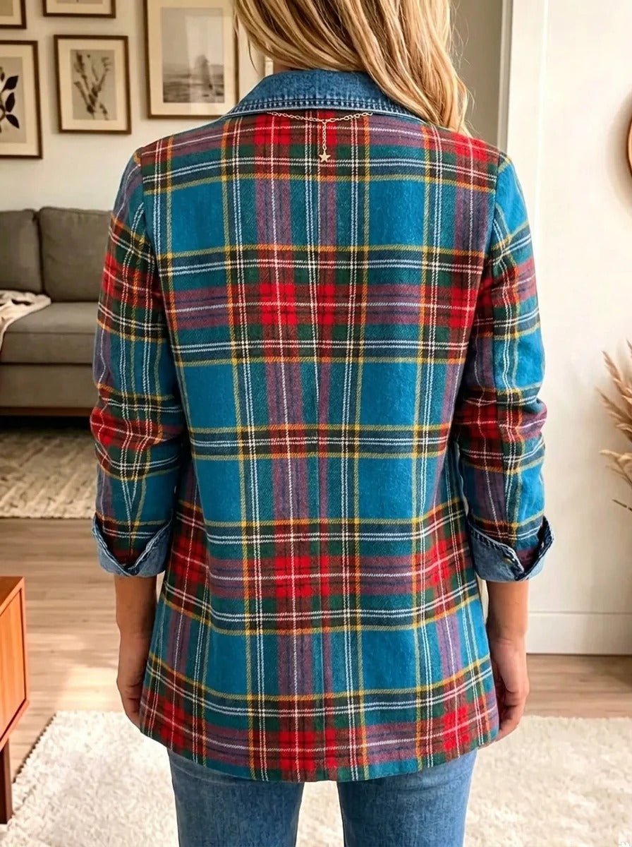 Áine | Denim Blazer with Tartan Patchwork