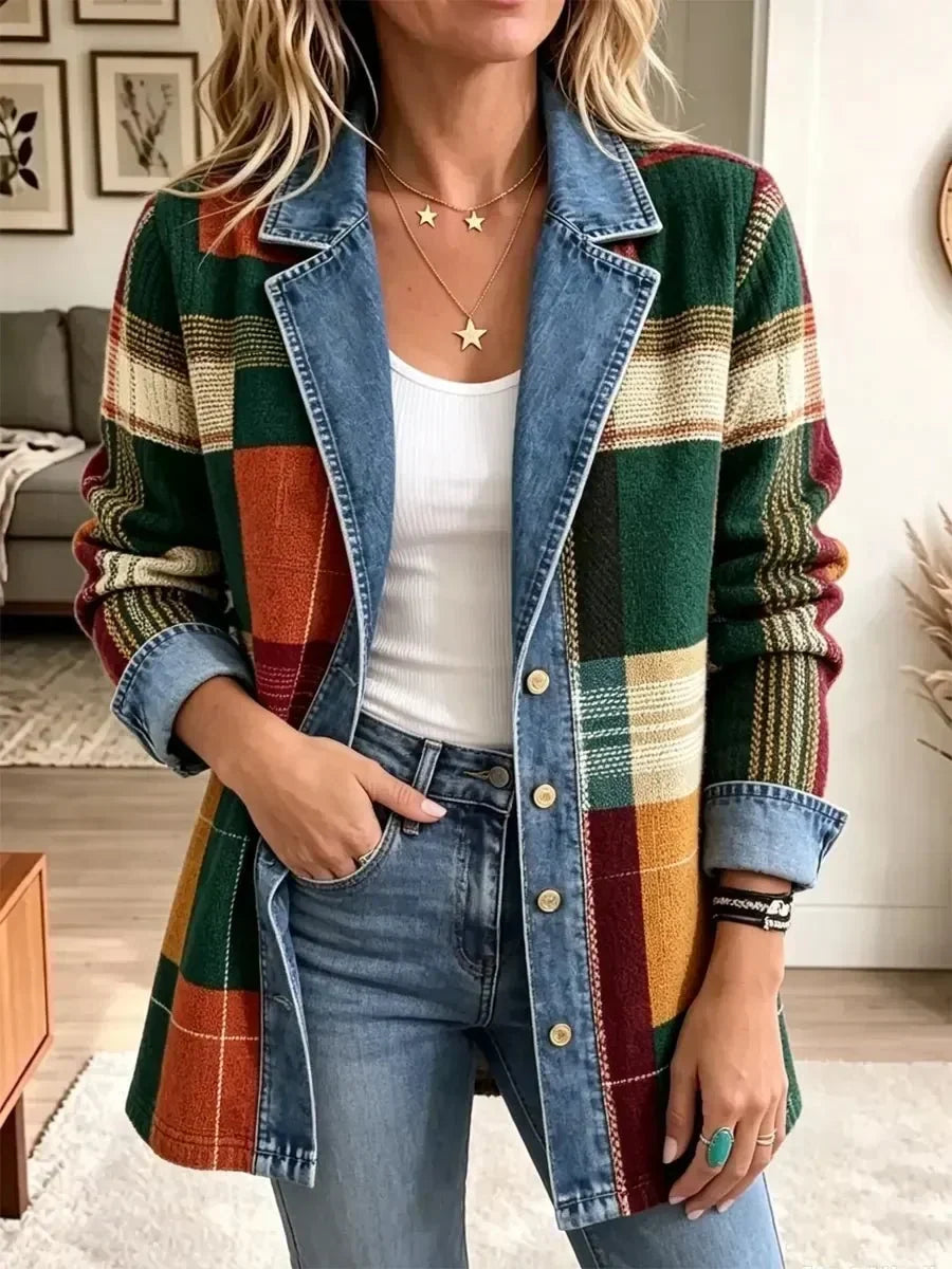 Eileen | Retro Denim Jacket with Artistic Check Pattern
