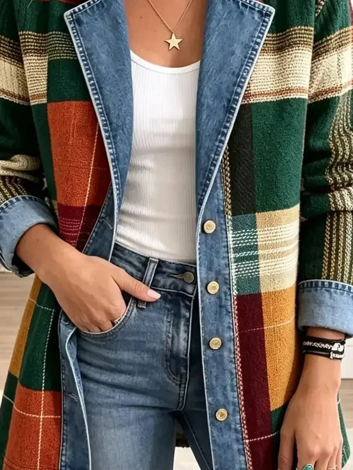 Eileen | Retro Denim Jacket with Artistic Check Pattern