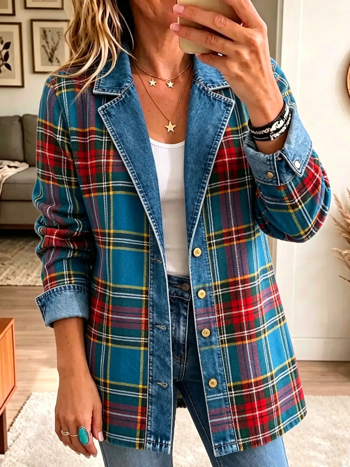 Áine | Denim Blazer with Tartan Patchwork