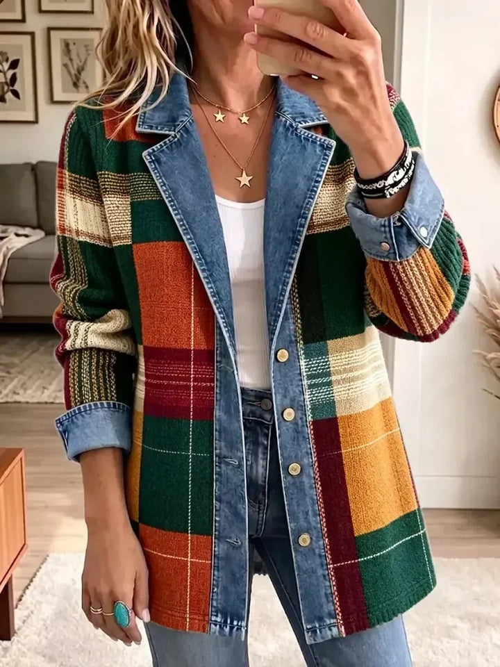 Eileen | Retro Denim Jacket with Artistic Check Pattern