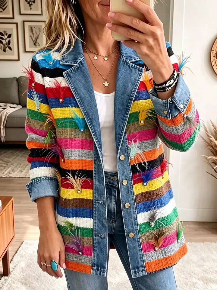 Sheila | Vintage Denim Jacket with Feather Print