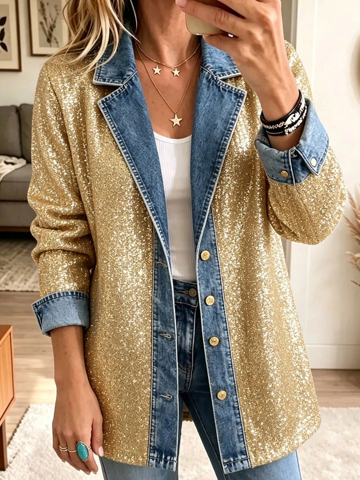 Maureen | Patchwork Denim Jacket with Golden Glitter