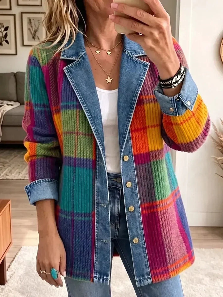 Caitlín | Vintage Denim Jacket with Check Patchwork