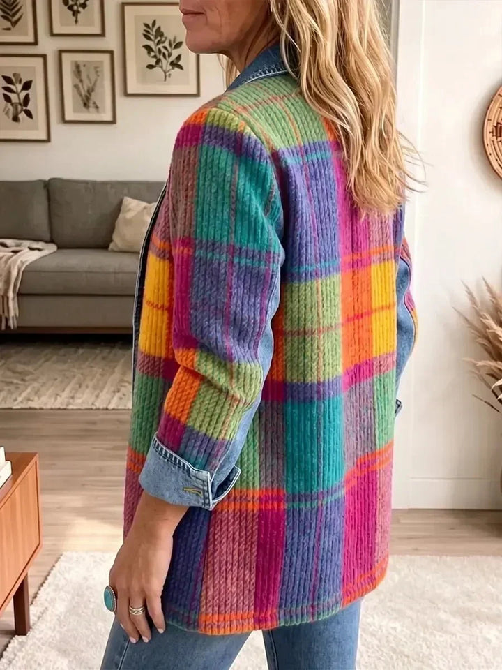 Caitlín | Vintage Denim Jacket with Check Patchwork