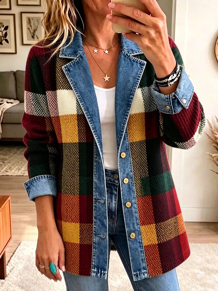 Dervla | Checked Denim Jacket with Contrasting Colour Blocks