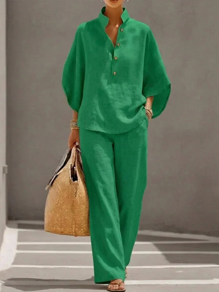 Maribel™ | Linen Batwing Sleeve Set with Wide Leg Trousers