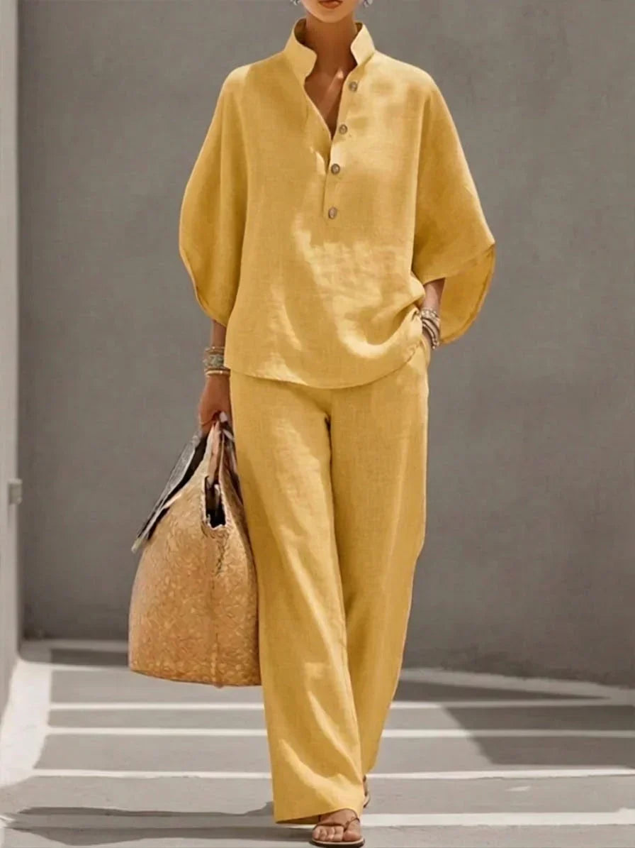Maribel™ | Linen Batwing Sleeve Set with Wide Leg Trousers
