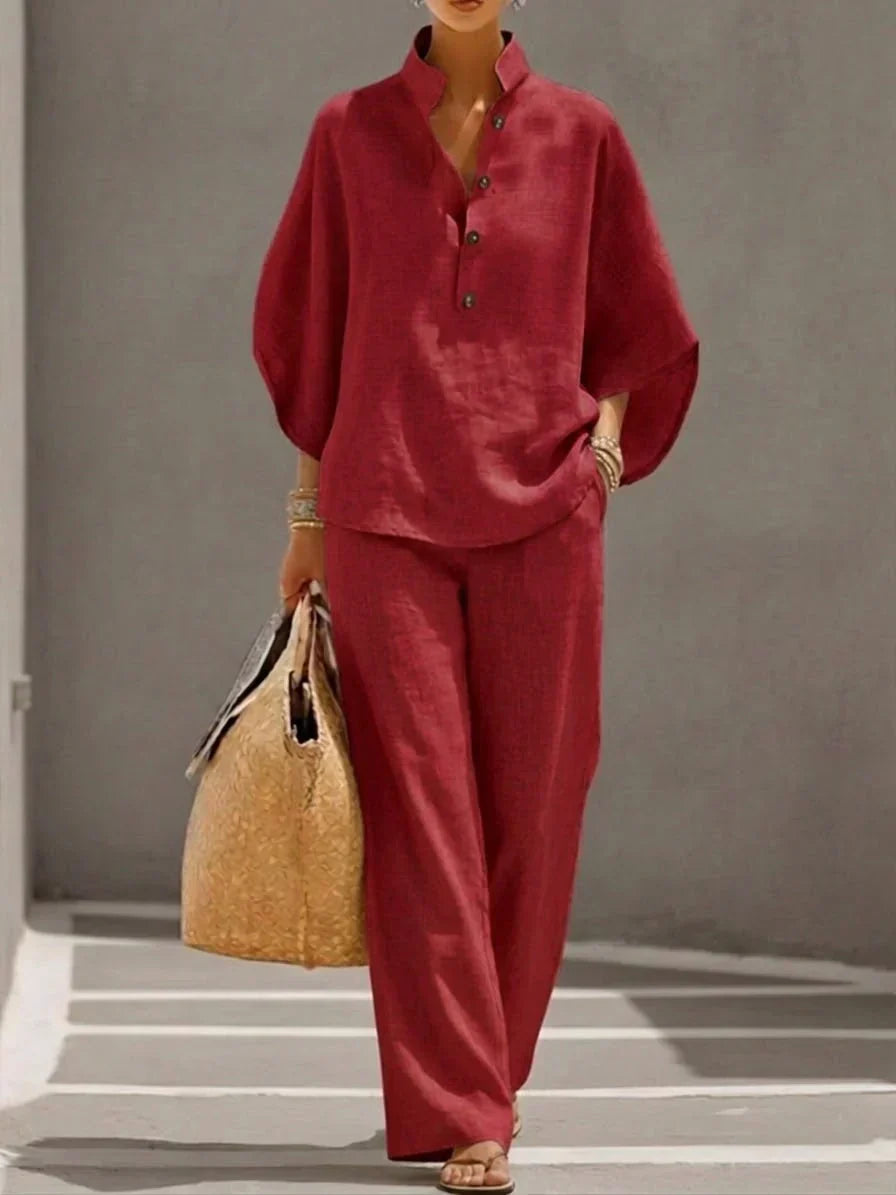 Maribel™ | Linen Batwing Sleeve Set with Wide Leg Trousers