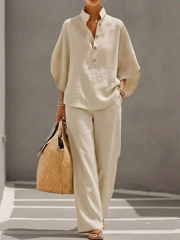 Maribel™ | Linen Batwing Sleeve Set with Wide Leg Trousers