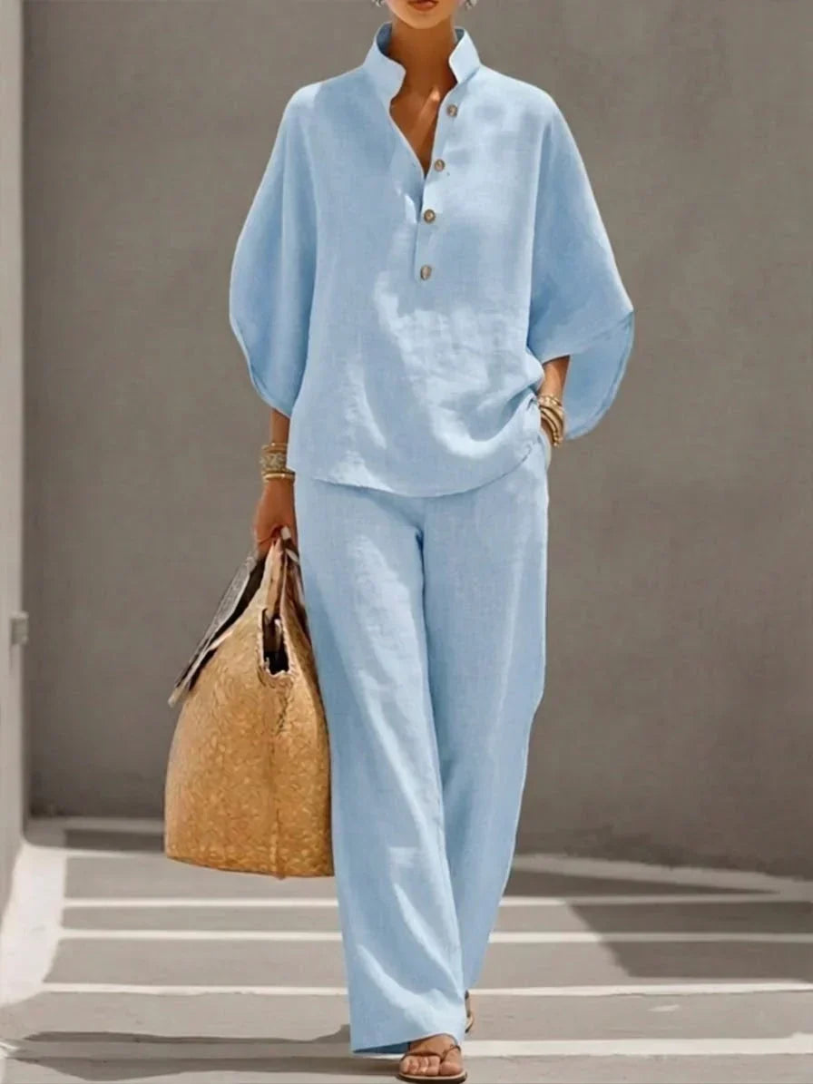 Maribel™ | Linen Batwing Sleeve Set with Wide Leg Trousers