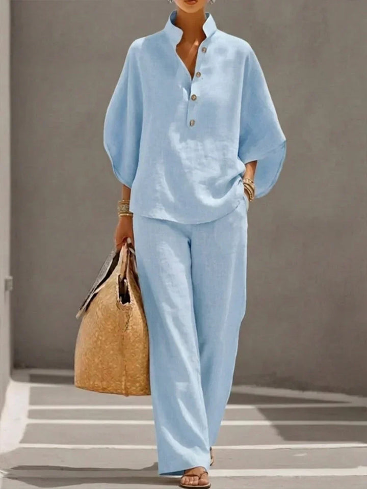 Maribel™ | Linen Batwing Sleeve Set with Wide Leg Trousers