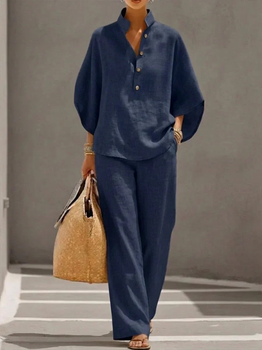 Maribel™ | Linen Batwing Sleeve Set with Wide Leg Trousers