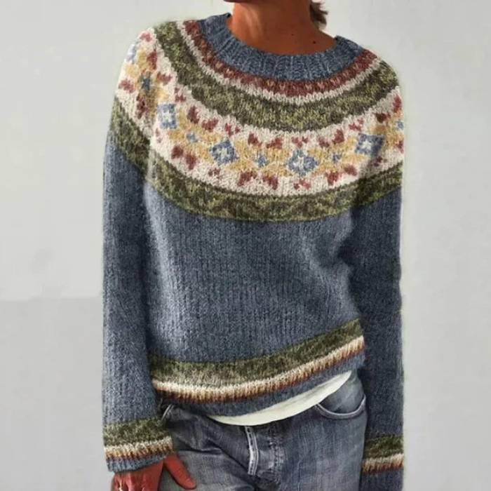 Katri | Blue Retro Sweater with Floral Pattern