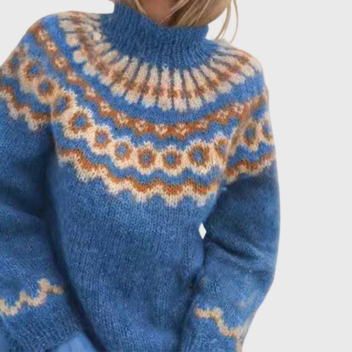 Sonja | Blue Jumper with Stand-Up Collar and Norwegian Pattern